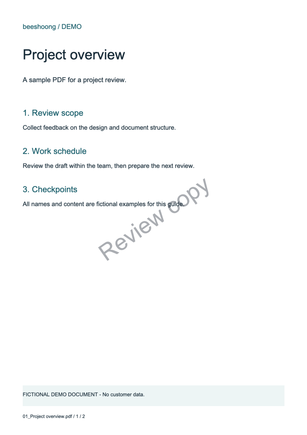 Actual output PDF with the review-copy watermark · PDF actually generated by the app · English